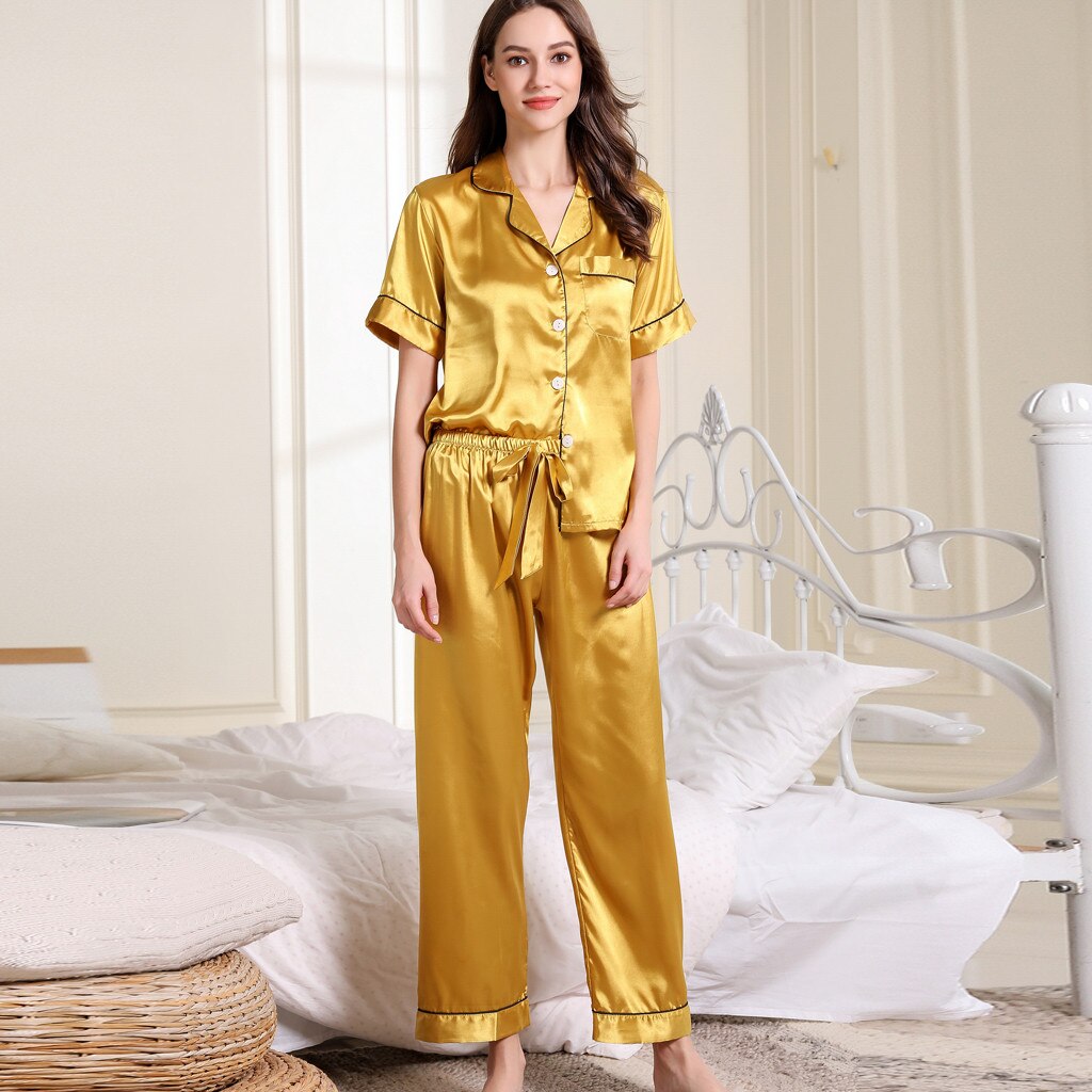 SAGACE Short Sleeve Silk Pajama Sets Women autumn Short Sleeves Long Ladies Pijama Sleepwear Nightwear Set Plus Size: Yellow / M