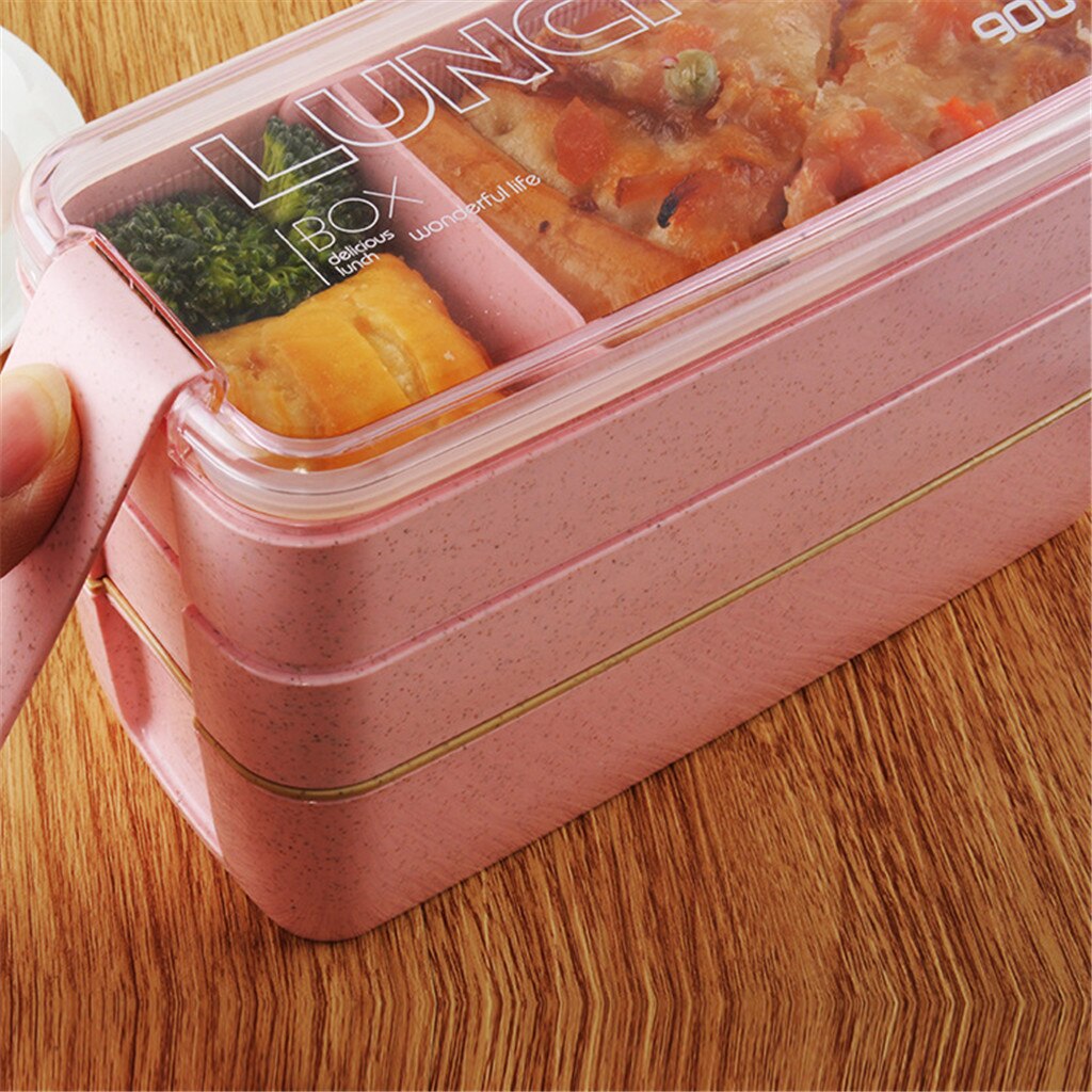 Draagbare Gezonde Materiaal Lunchbox 3 Layer Tarwe Stro Bento Dozen Magnetron Servies Voedsel Opslag Container Voedsel Doos #30: Pink