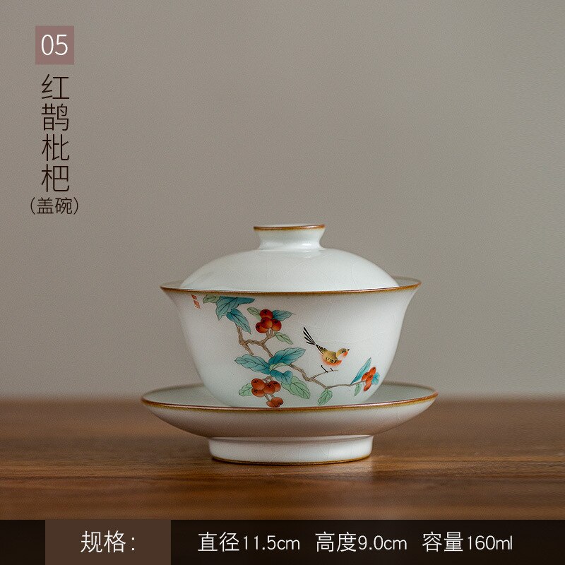 160Ml Ru Kiln Gracked Glazuur Sancai Terrine Master Cups Handgeschilderde Bloemen En Vogel Gaiwan Da Hong Pao Theewaar kantoor Decoratie: E