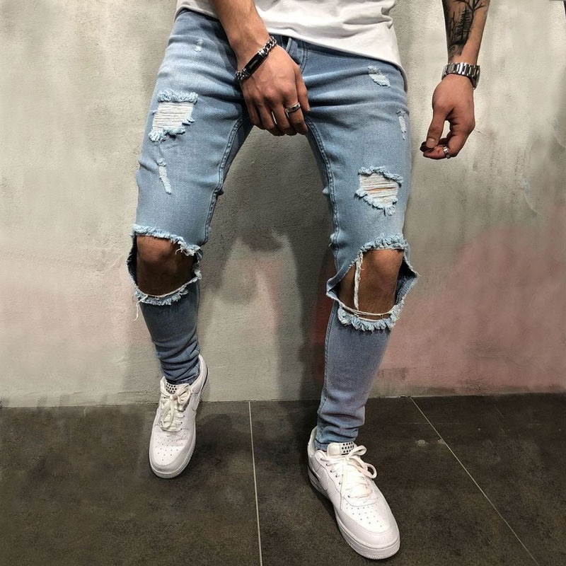Jean déchiré au genou pour hommes, coupe haute extensible, pantalon de jogging bleu délavé, troué Hip-hop, motard