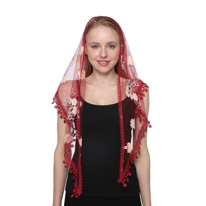 Lenço feminino triangular xale de renda para igreja, véu transparente bordado espanhol de renda para igrejam: 7