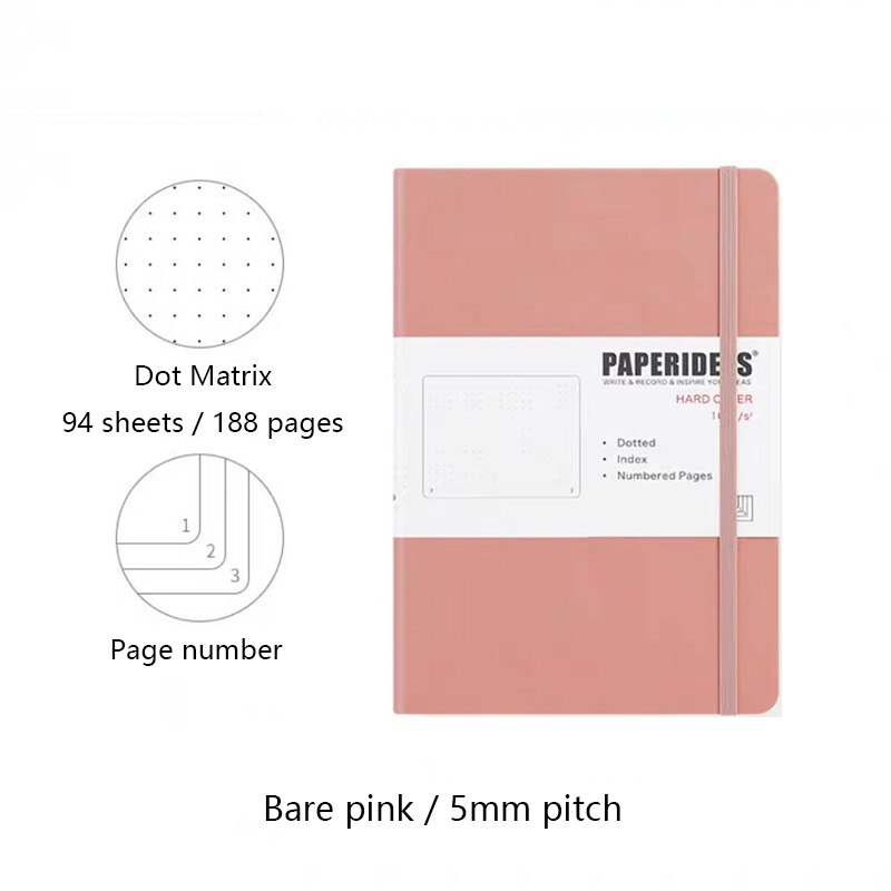 Hardcover A5 Dot Matrix Notebook Dot Ding Planner 100GSM 188 Pages Acid-free Paper Notepad Supplies Stationery D40: pink