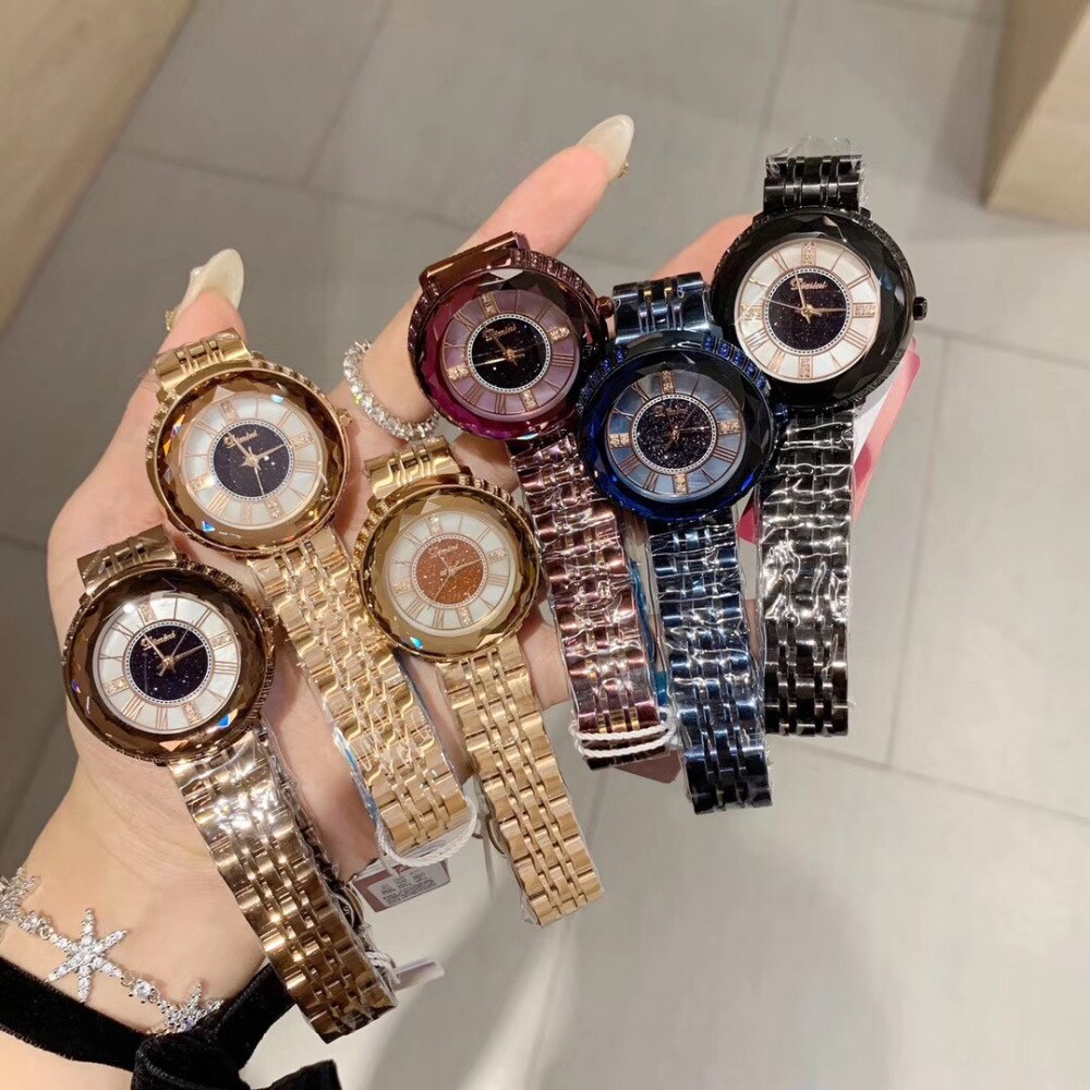 Noble bleu Anti décoloration pleine acier Bracelet montres femmes grande taille Montre neutre Quartz romain Montre-Bracelet à facettes cristaux Montre