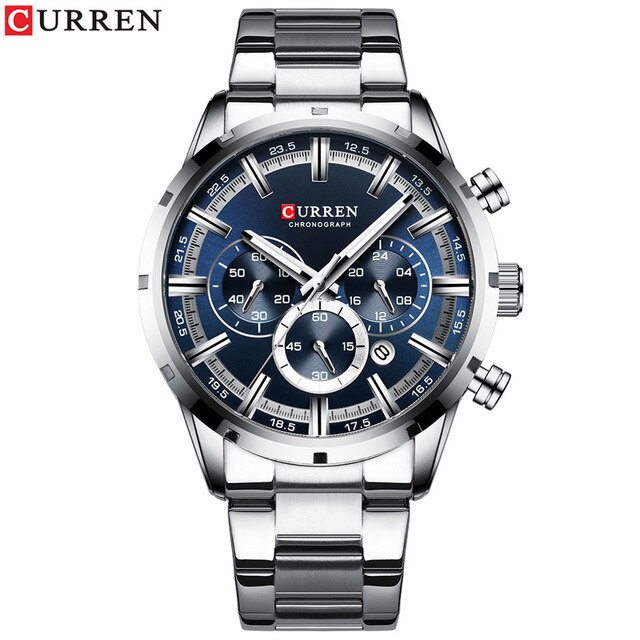 Curren Mode Mannen Horloges Met Rvs Top Luxe Sport Chronograaf Quartz Horloge Mannen Relogio Masculino: silver blue