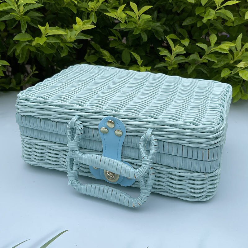 Rattan Portable Storage Box Picnic Basket, Photo Prop Box Suitcase Hand Box Storage Basket with Lid, Rattan Box: 35X24X12CM / sky blue