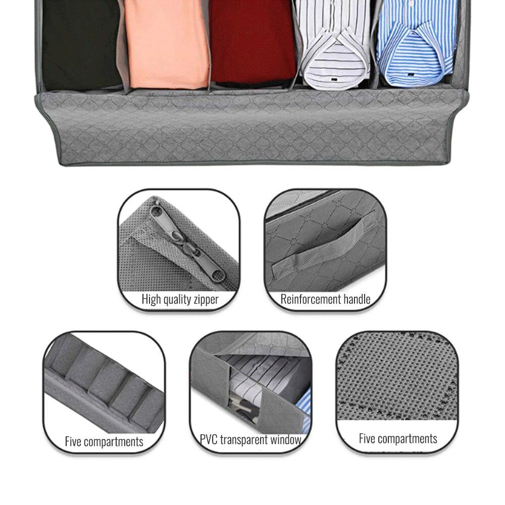 Under Bed Clothes Item Storage Dustproof Storage Bag Container Clothes Organizer Foldable 5 Sections And Visible Clear Window