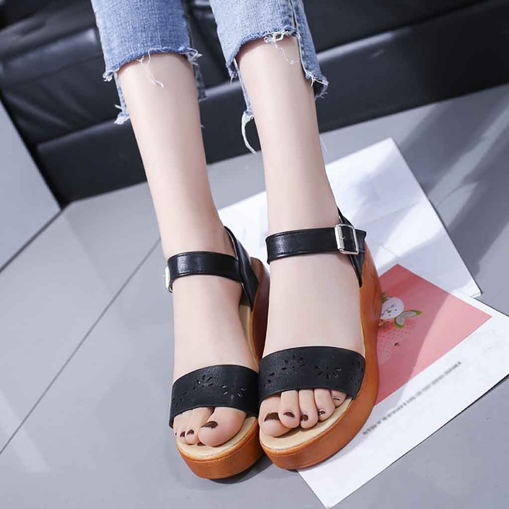 Hollow Wedge Sandals Women Summer Thick-soled Sponge Cake Buckle High-heeled Roman Shoes Woman Platform High Heel Zapatos
