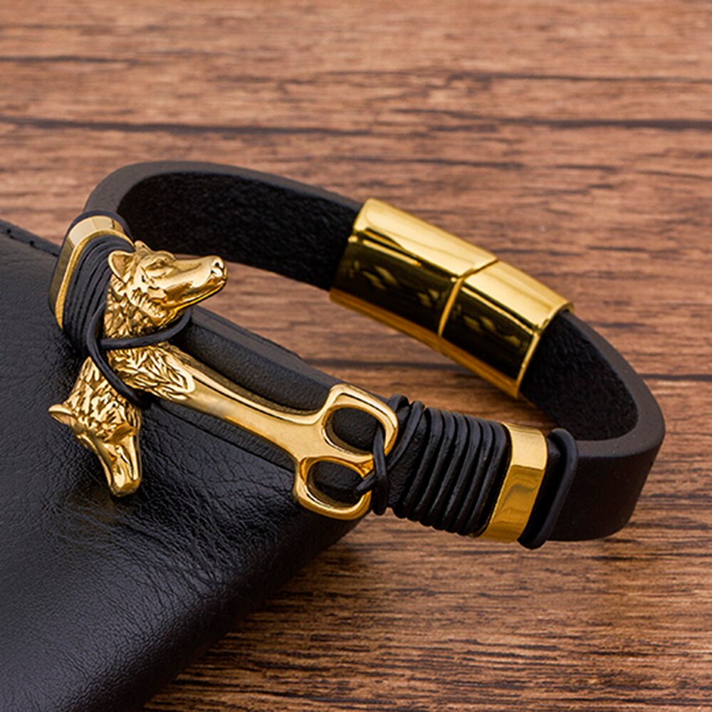Charm Punk Rock Gevlochten Touw MagneticBlack Lederen Dier Armband Mannen Armbanden Gouden Sieraden Cadeau Voor Jongen Vriend