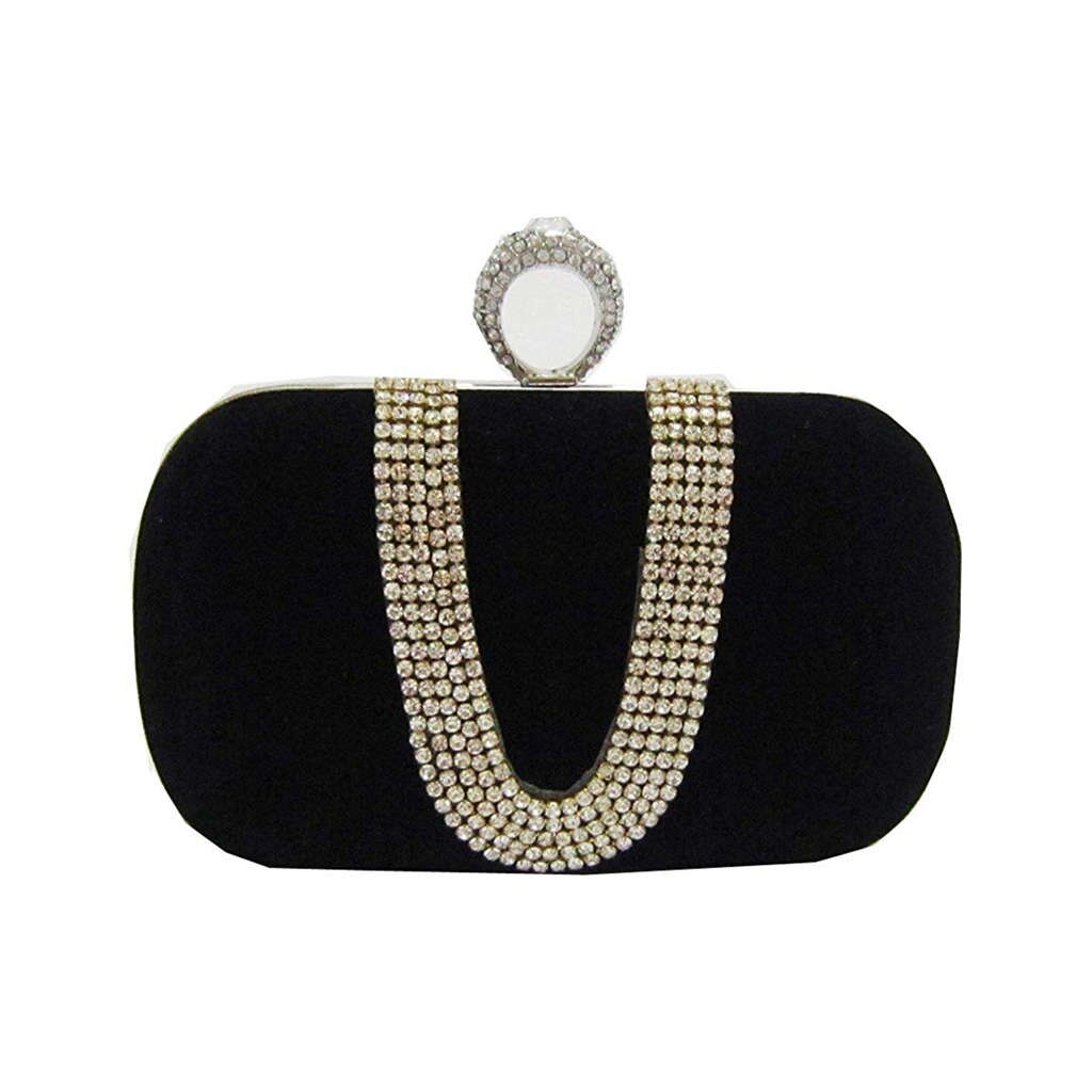 ABDB-Suede Velvet Rhinestone Stud One Ring Decor Evening Cocktail Clutch Bag: Black