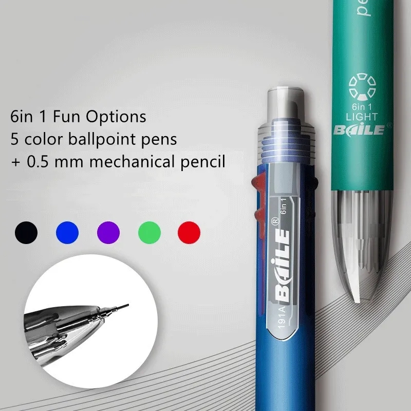 5pcs Multi-colour 6 in 1 Ballpoint Pen Set Multifunction Ball Pen and 1 Automatic Pencil Writing Supplies Stationery