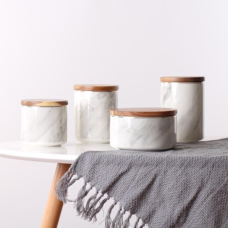 Witte Keramische Fles Potten Voor Opslag In De Keuken Hout Deksel Blikjes Bulk Pot Voor Voedsel Koffie Kruiden Verzegelde Voedsel container Doos