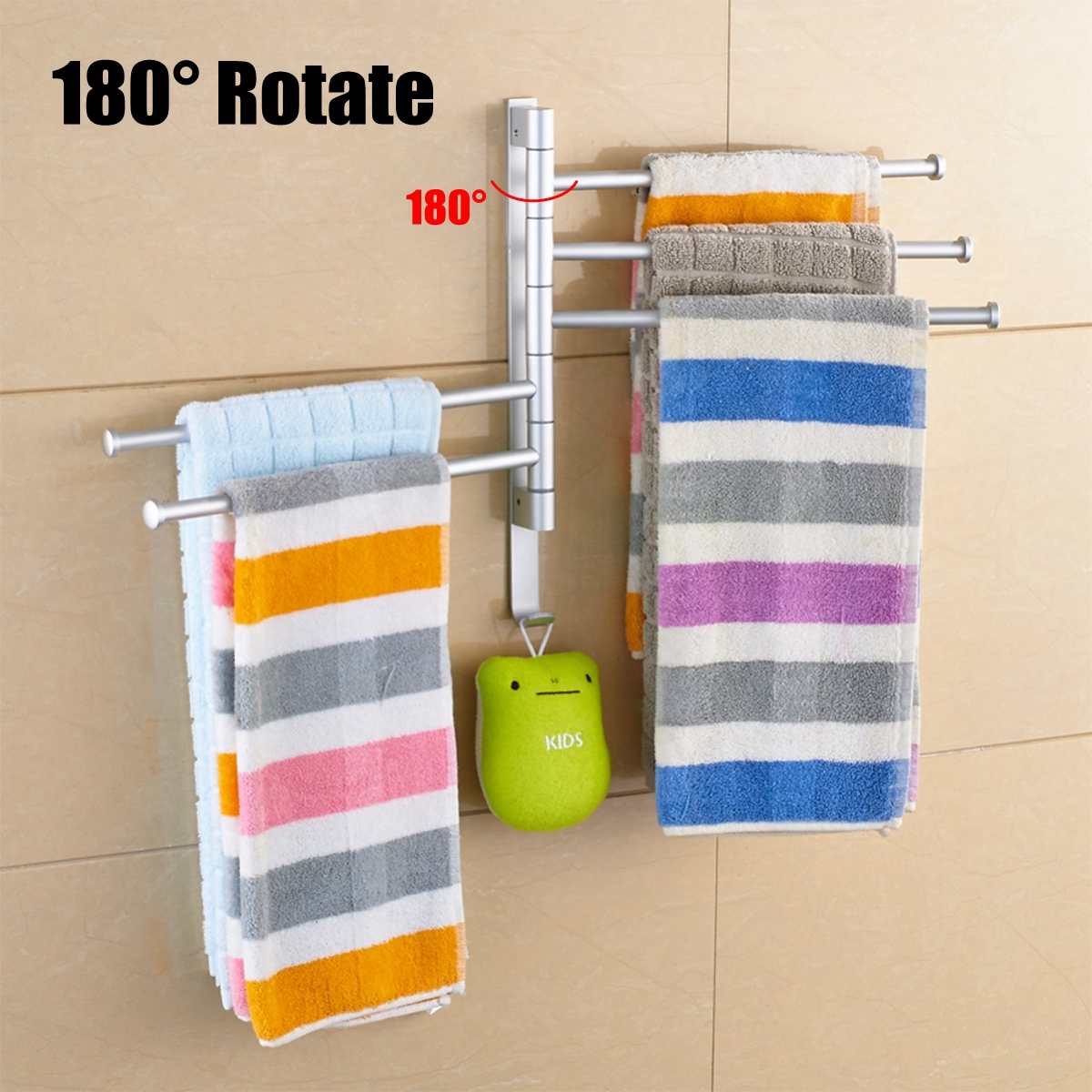 Bathroom Swivel Towel Bar 4-Arm Stainless Steel Swing Hanger Towel Rack with Hook Space Saving Wall Mount Rotating Towel Rail