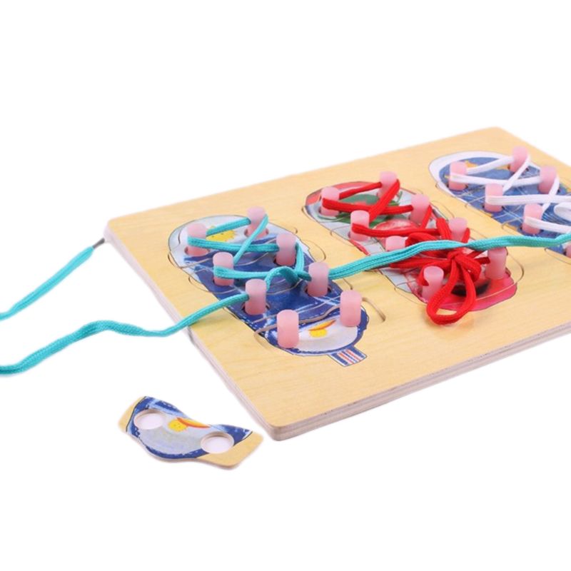 (Pack of 3) Wooden Lacing Shoe Toy Learn to Tie Shoelaces, Fine Motor Skills Toy Threading Toy Board Game for Kids Q0KB