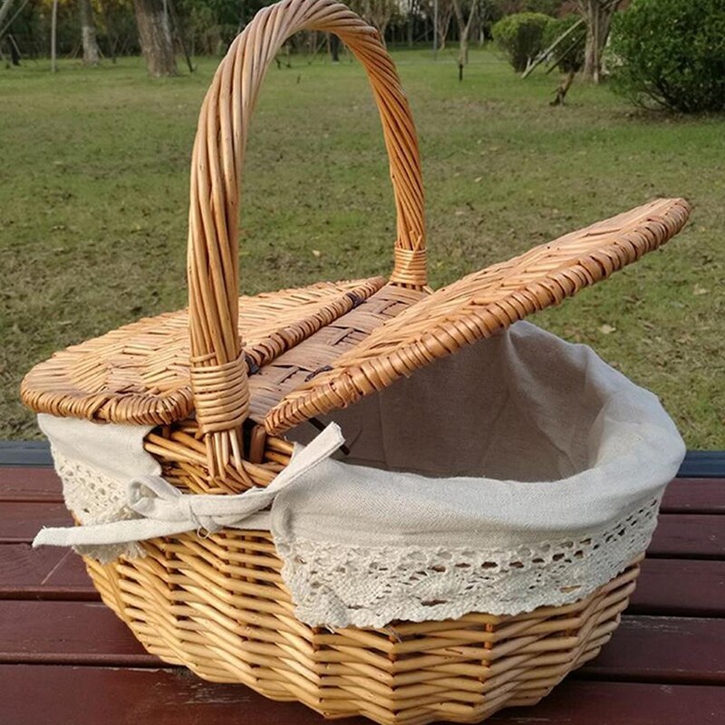 Wicker Camping Picnic Basket with Double Lids Storage Hamper Basket with Cloth Lining Handmade Wicker Basket with Handle