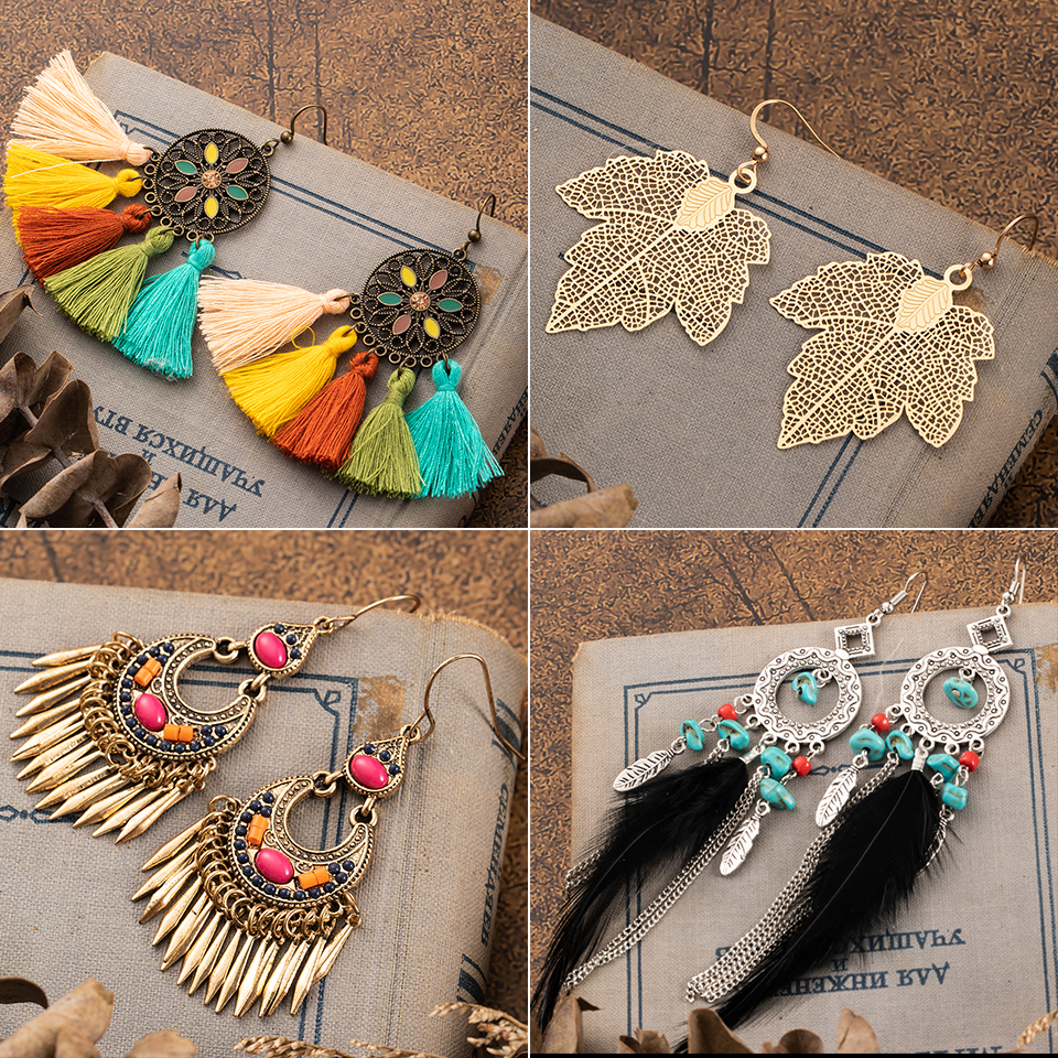 Múltiples pendientes étnicos bohemios Vintage para mujer, aretes colgantes de hoja dorada con borla de pluma, accesorios de joyería