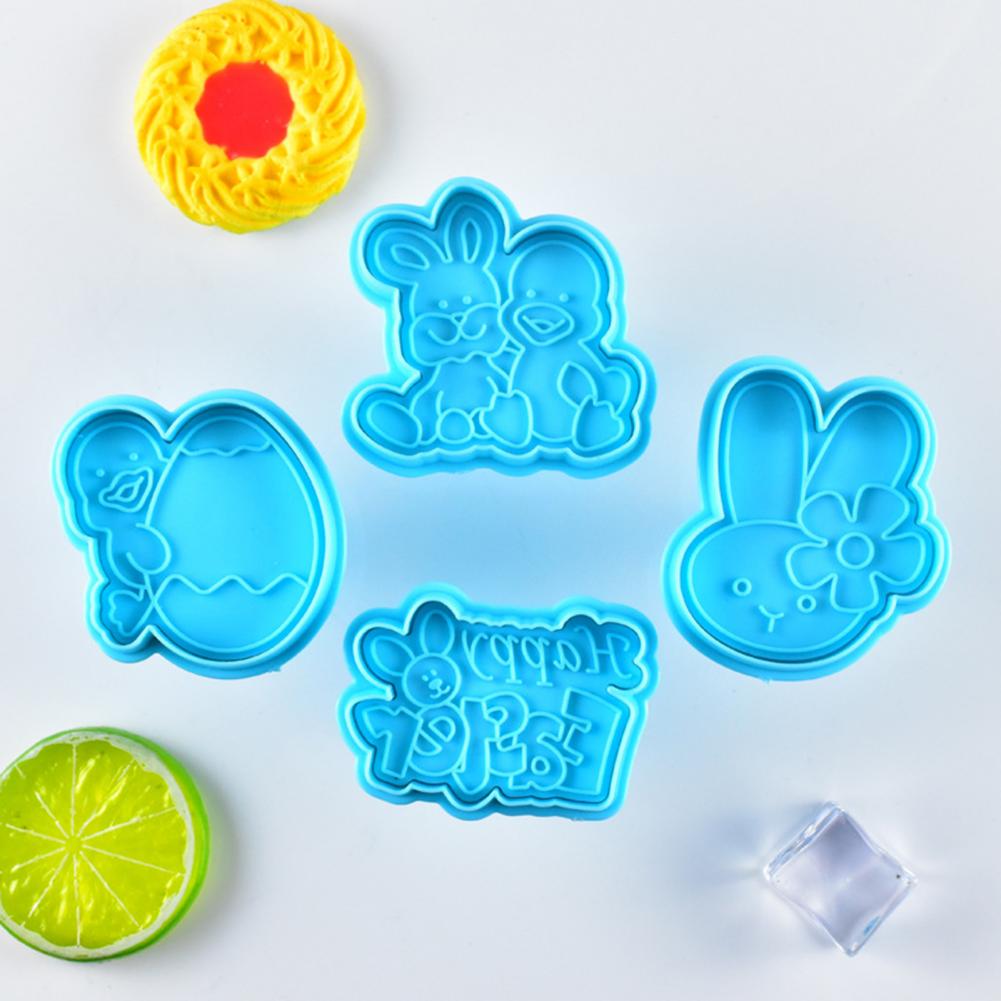 4Pcs DIY Happy Easter Bunny Egg Plastic Baking Mold Kitchen Biscuit Cookie Cutter Pastry Plunger 3D Fondant Cake Baking Tool