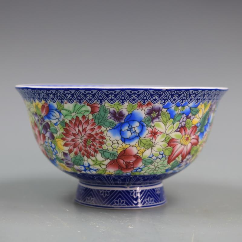 Qing Dynasty Qianlong blue and white enamel color pastel small flowers pattern bowl household goods antique porcelain bowl
