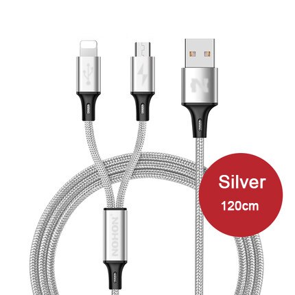 Nohon 2 In 1 Usb Kabel Micro 8Pin Usb Snel Opladen Kabels Voor Iphone 8X7 6 6S plus Ipad Ipod Samsung Nokia Nylon Draad: 2-in-1 120cm Silver