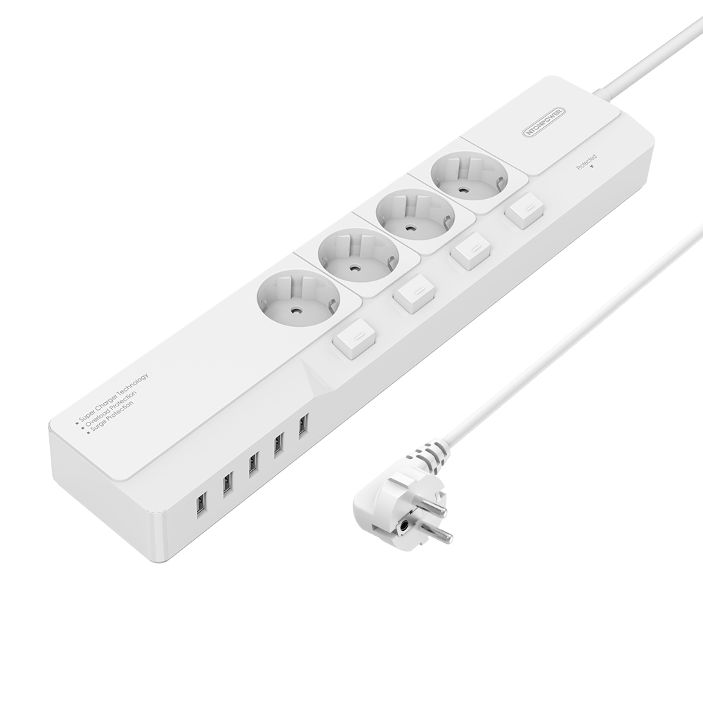 NTONPOWER Power Strip - 4000W 16A - 4 AC Outlets + 5 USB Ports - 1.5m Cable - Surge Protector with Switch: White