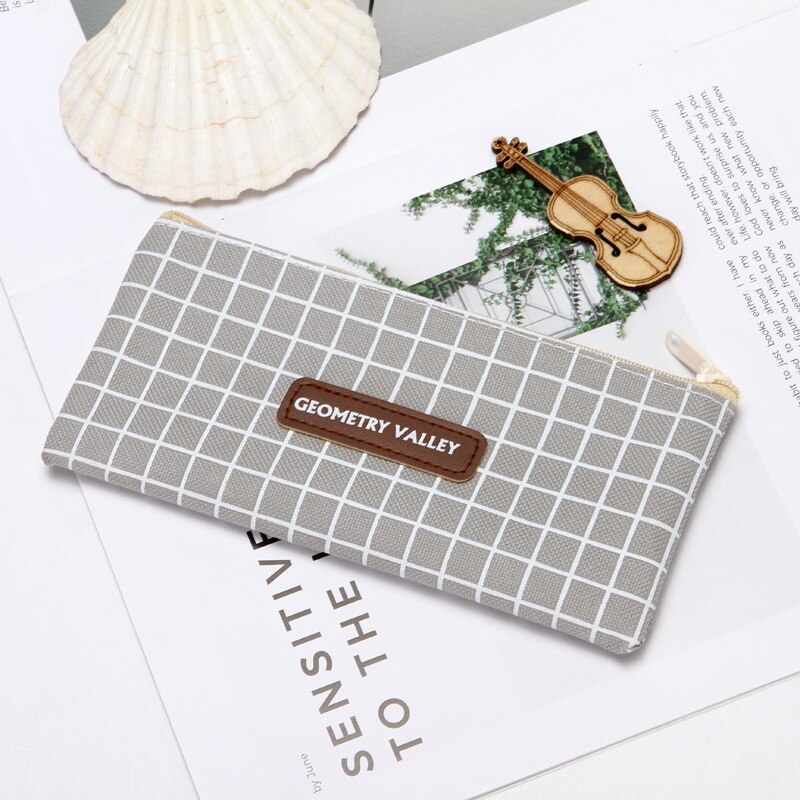 1pcs Canvas Geometric Pencil Case School Color Cute Kawaii Simple Striped Grid Solid Pencil Bag Pouch Students Office Supplies: 291