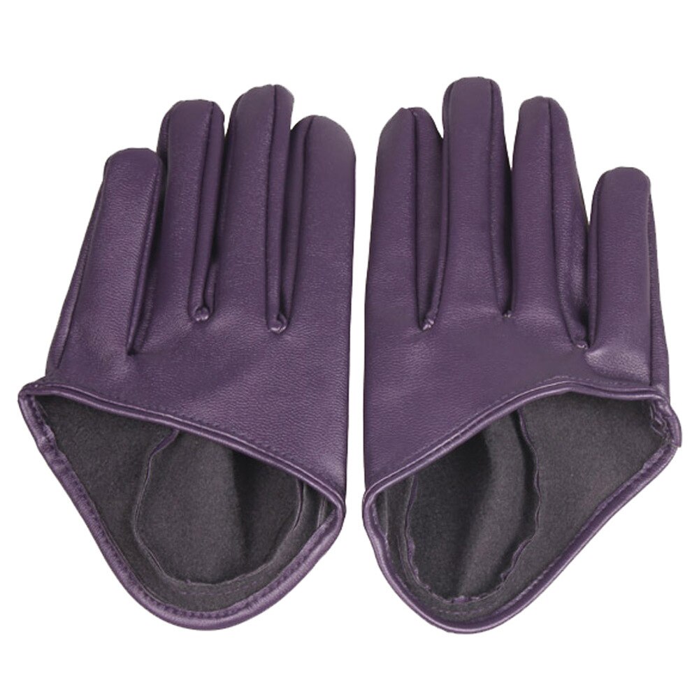 Woman Tight Half Palm Gloves Imitation Leather Five Finger Mittens Vivid Color: purple