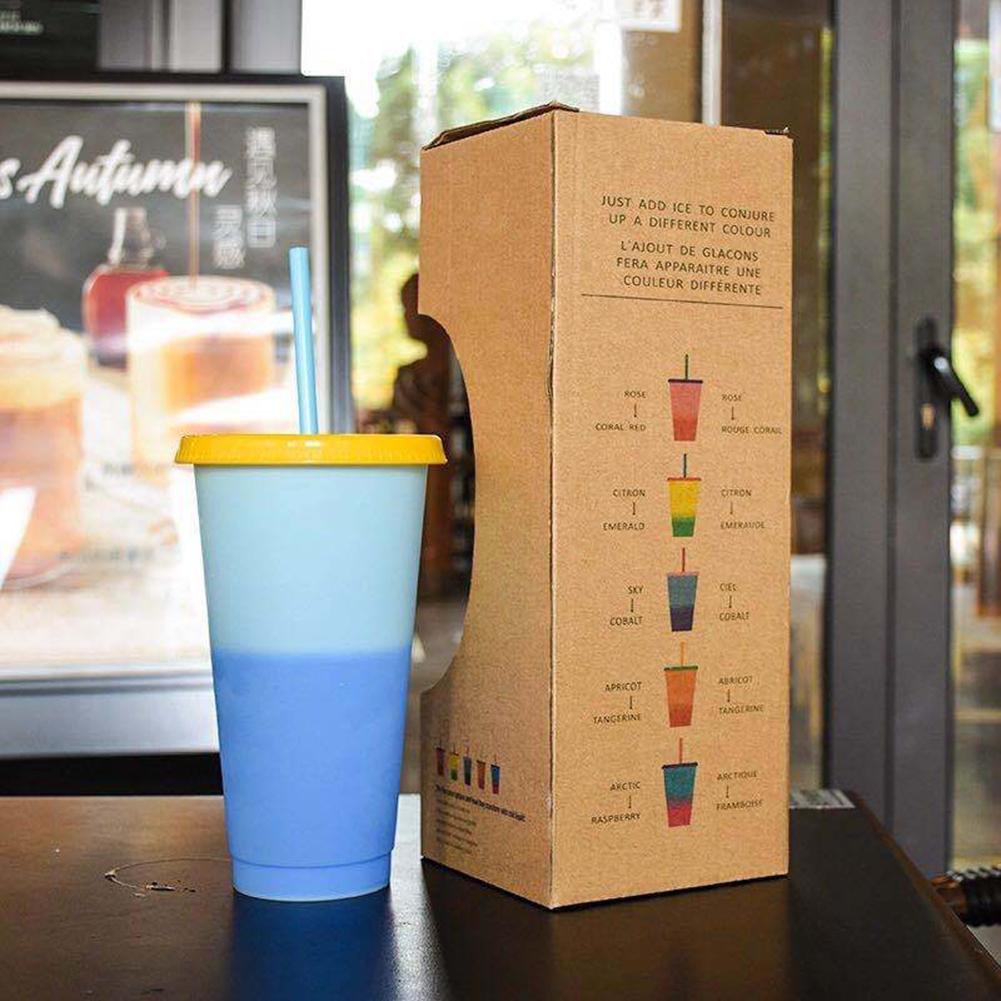 5PCS Reusable Color Changing Cold Cups Plastic Tumbler With Lid Durable Discoloration Changing Colour Cup With Straws Set