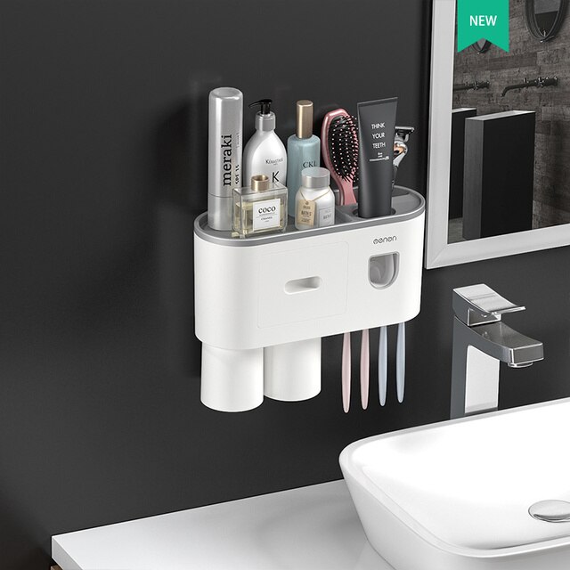 Magnetic Adsorption Inverted Toothbrush Holder Double Automatic Toothpaste Squeezer Dispenser Storage Rack Bathroom Accessories: 2 cups Gray