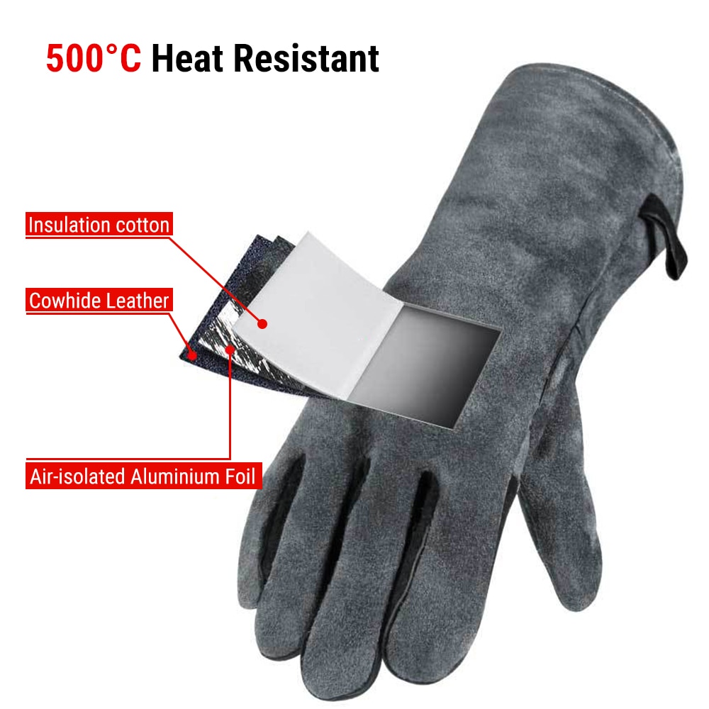 500℃ Heat Resistant Grill BBQ Gloves Leather Forge Welding Glove 40CM with Long Sleeve Microwave Oven Mitts Baking Accessories