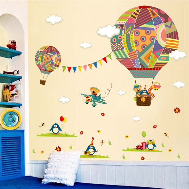 Kleurrijke Luchtballon Dier Kinderkamer muursticker Beer Giraffe kinderkamer cartoon klaslokaal Muurstickers Poster