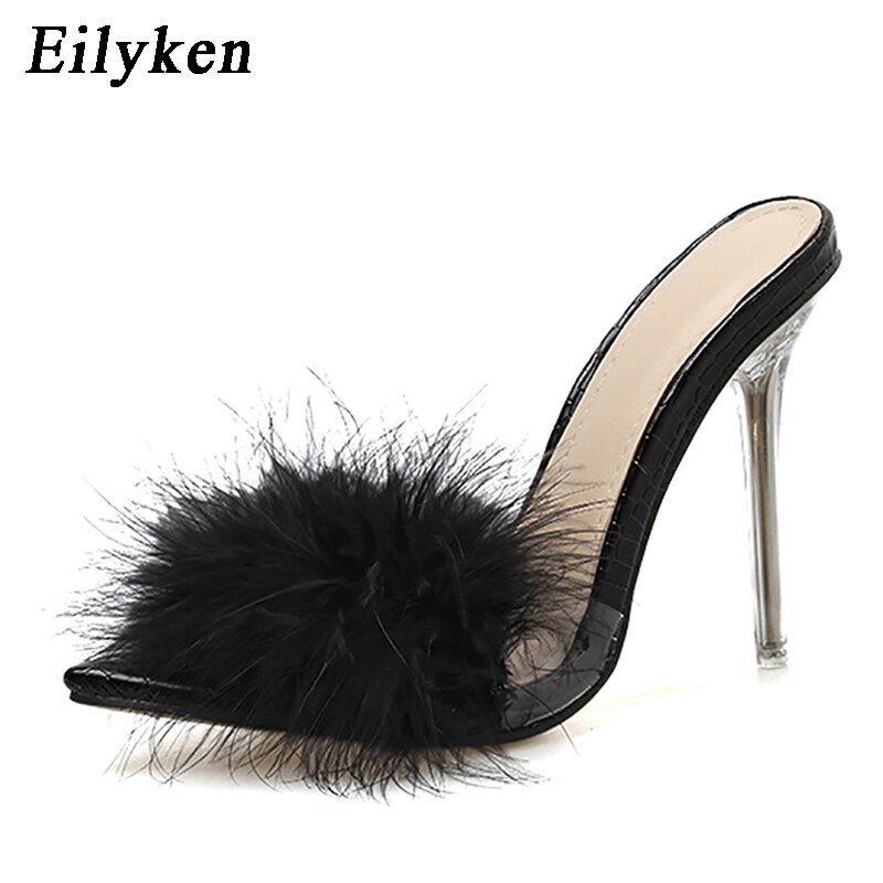 Eilyken kvinna tofflor fjäder pvc genomskinliga sandaler perspex höga klackar päls peep toe dam mulor slides skor: Svart / 37