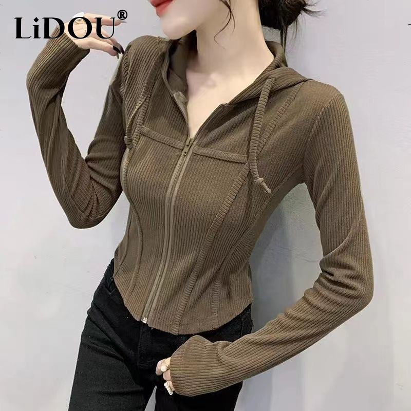 Spring Autumn Slim Patchwork Zipper T-shirt Lady Long Sleeve Solid Color Hooded Top Women Casual All-match Cardigan Tees