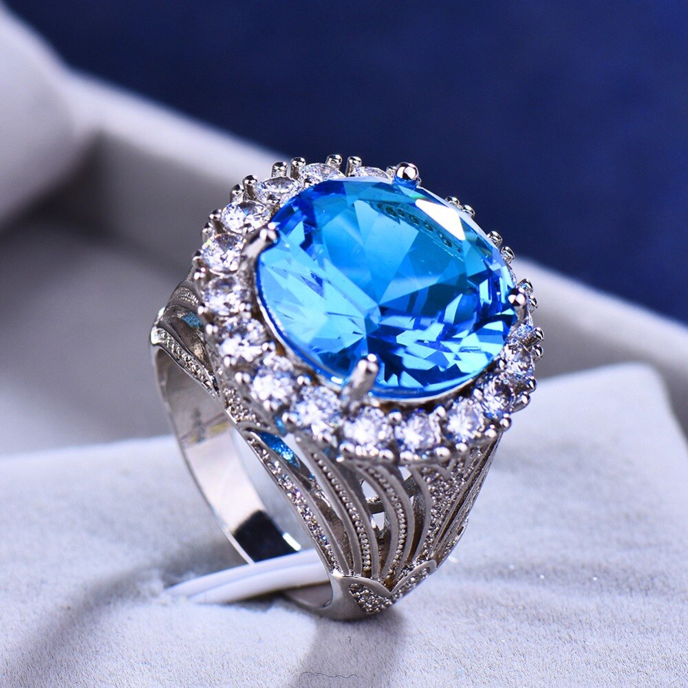 Luxe Vrouwelijke Grote Blauwe Steen Ring Zilver Kleur Trouwringen Voor Vrouwen Jaar Mode Engagement Ring Sieraden