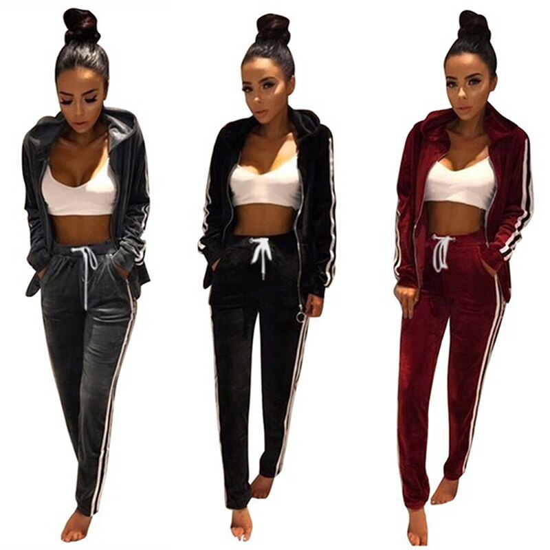 Sweat-shirt à capuche et pantalon en velours pour femmes, survêtement, fermeture éclair, ample, décontracté, printemps-automne, 2 pièces