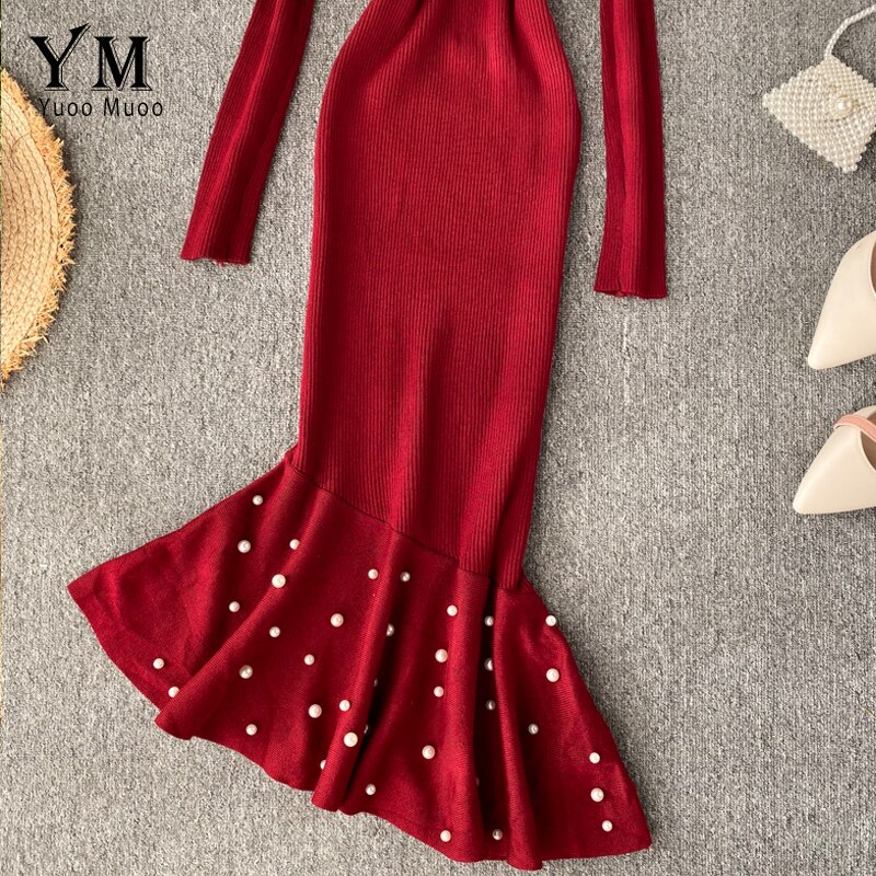 YuooMuoo nieregularne frezowanie wzburzyć syrenka midi sukienka kobiety elegancka sukienka z długimi rękawami jesień dzianiny sukienki damskie tunika