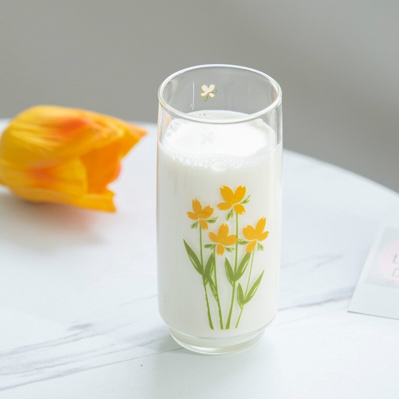 Taza de vidrio usada de Japón y Corea del Sur de 350ML, vaso de vidrio pintado a mano de flor de tulipán, taza de leche de café, taza gruesa impresa en amarillo
