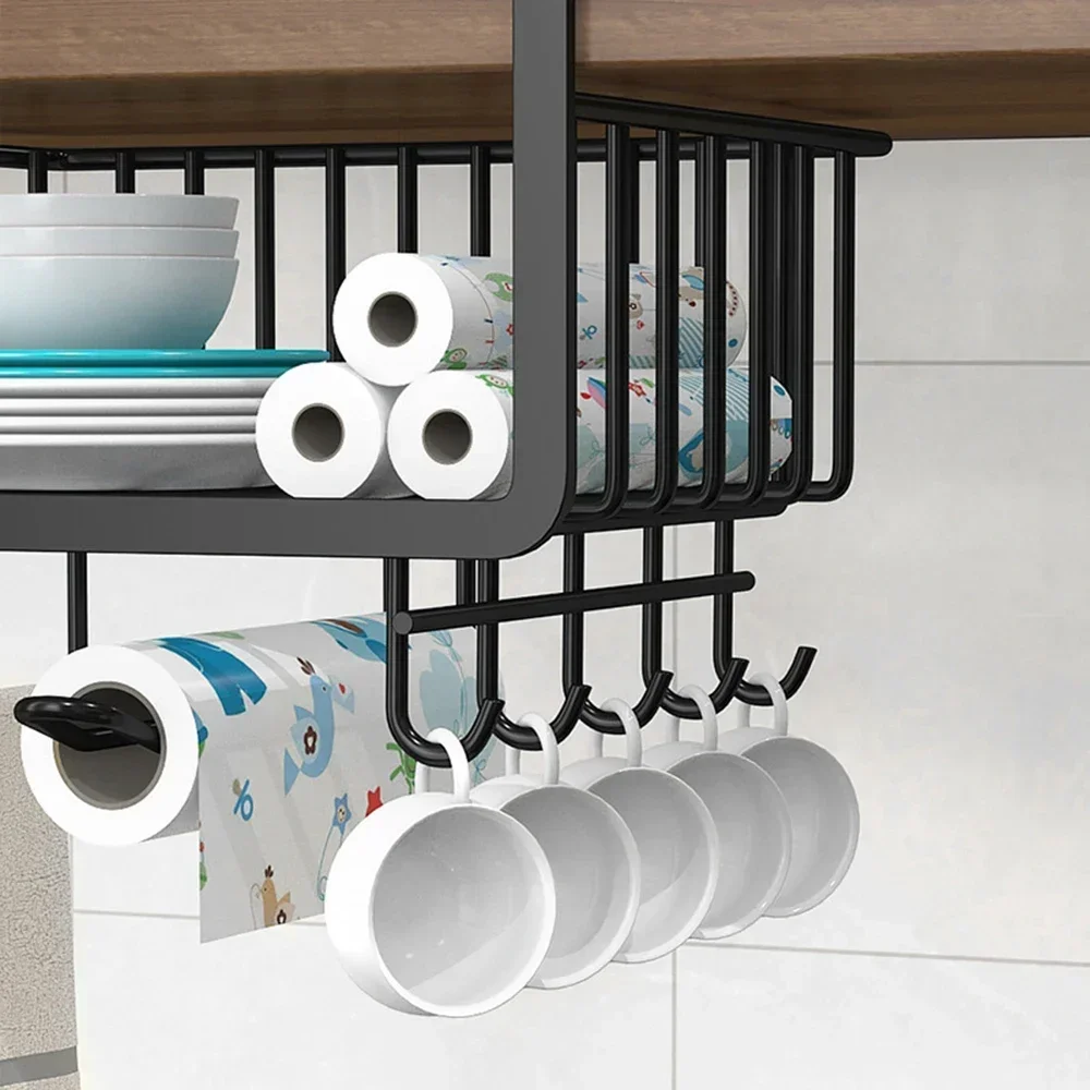 Opbergmand onder de tafel Onder kast Papieren handdoek Item Organizer Keuken Hangende organizer met haken
