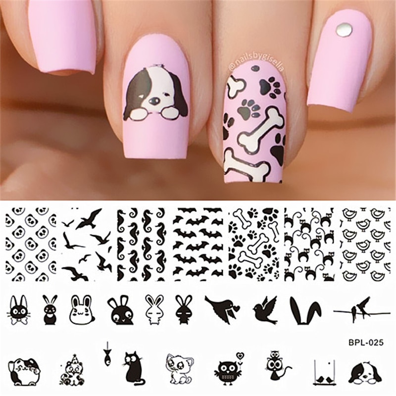 GEBOREN PRETTY Animal Thema Nail Art Stamp Template Hond Kat Afbeelding Print Plaat Rechthoek Manicure Stencil Tool BP-L025