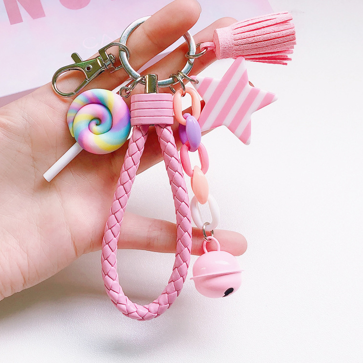Porte-clés arc-en-ciel mignon, bracelet en cuir, corde tressée, pompon, pour femmes et filles, cloche étoile, sucette, accessoires de sac,: Vert émeraude