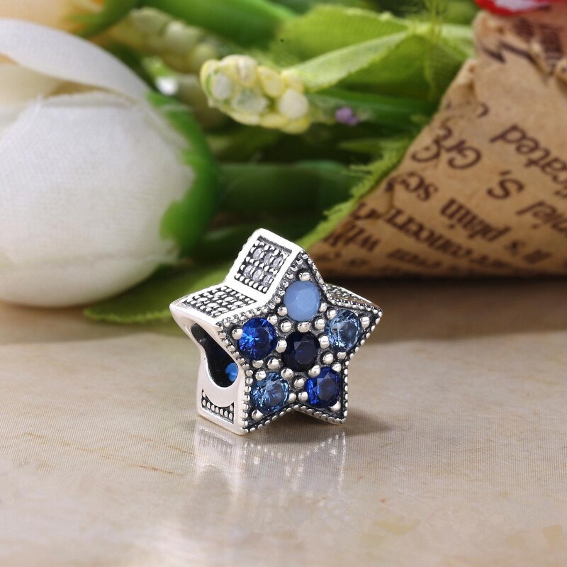 925 Sterling Silver Beads Charms Blue Crystal Starfish Star Dangle Charm Fit Original Pan Bracelet For Women DIY Jewelry