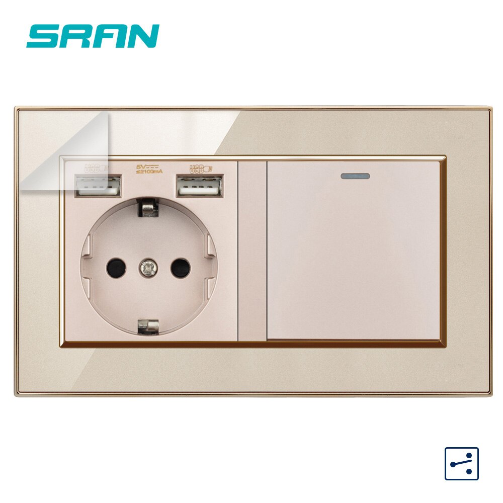 Wall 16A EU Standard Multi Way Power Socket Plug Grounded Electrical Socket with usb outlet 1Gang2Way switch 146 Acrylic panel: Gold A10