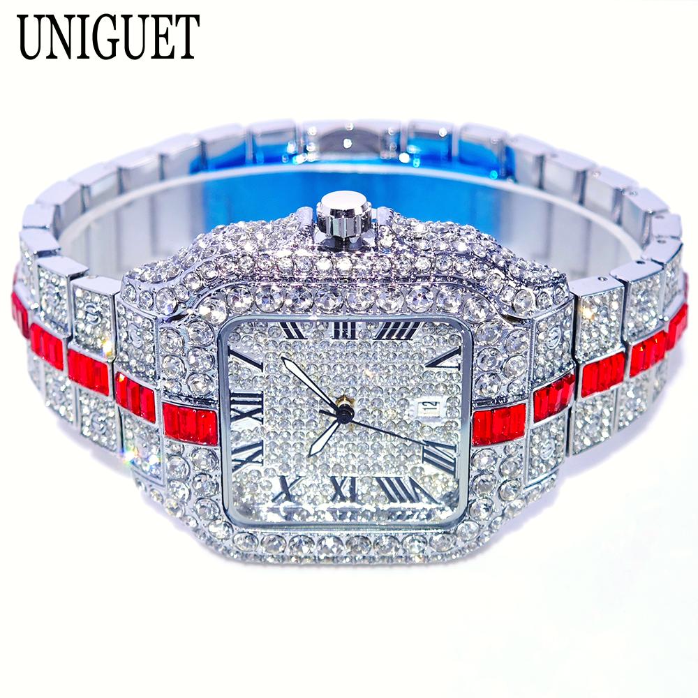Luxury Red Diamond Watches Men Brand UNIGUET Hip Hop Iced Bling Jewelry Wristwatch Man Waterproof Square Quartz Clocks