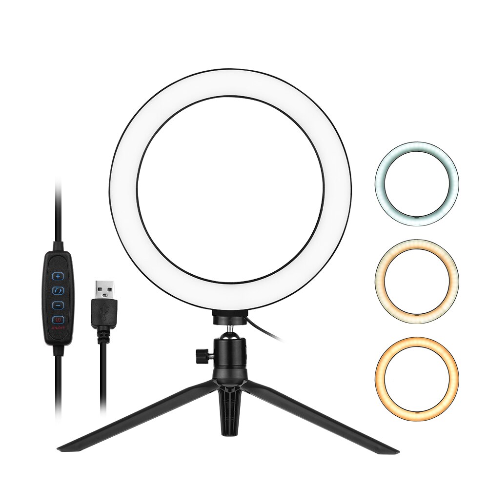 8 inch desktop led ringlamp 3200k-5500k dimbaar 3 lichtstanden 10 helderheidsniveaus met mini statief kogelkopadapter