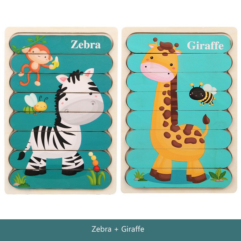 Children Cartoon Puzzle Baby Wooden Double-sided Jigsaw 3D Storytelling Stacking Puzzle Kid Educational Learning Toys: K