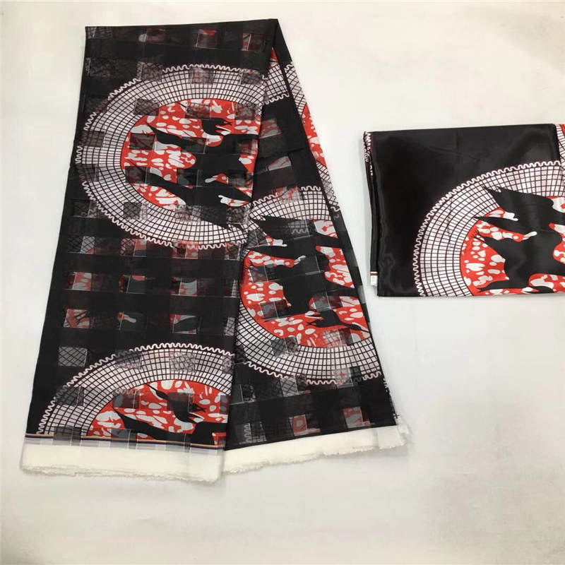 Fashionable African Wax Printed Organza Ribbon fabric 4 yards match 2 yards silk fabric !: Black
