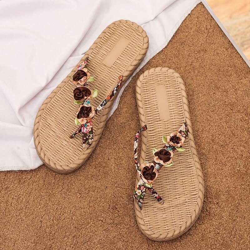 Zapatos de cáñamo para mujer, sandalias cruzadas de playa, chanclas con flores, cómodos, para verano