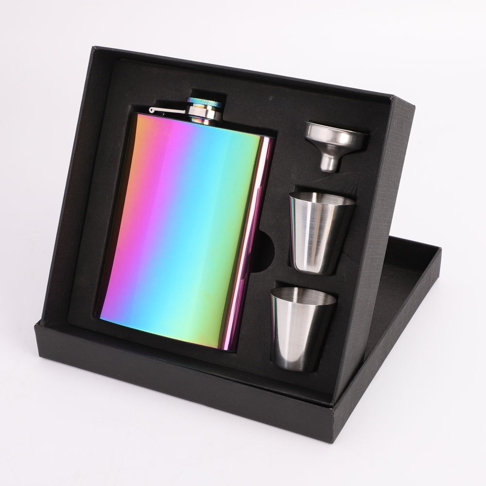 8oz Colorful Stainless Steel Hip Flask Set Whiskey Wine Bottle Retro Alcohol Pocket Flagon With Box For