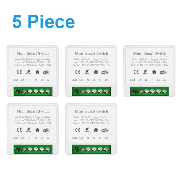 Tuya 16A MINI Wifi Switch DIY 2-way Control Timer Switches Relay Automation Modules Smart Life Work With Alexa Google Home Alice: 5 pieces