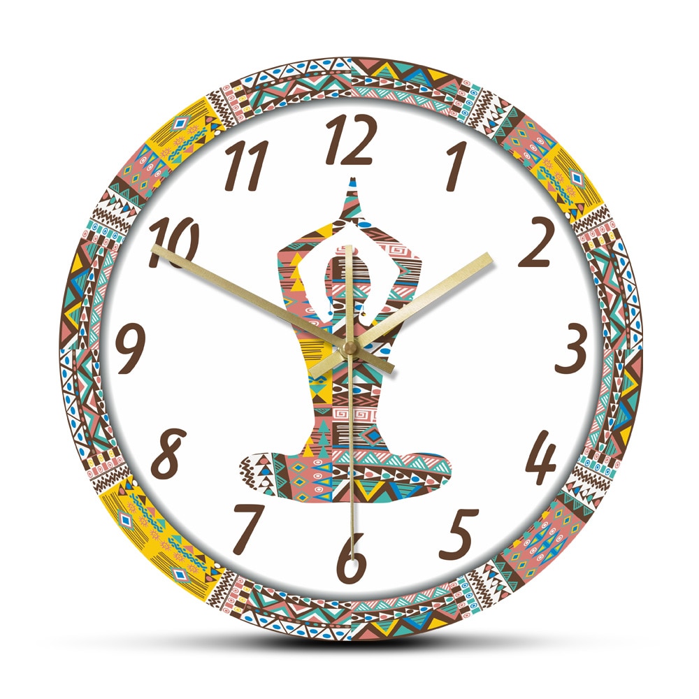 Yoga Vrouw Met Etnische Decoratief Patroon Stille Beweging Wandklok Mandala Meditatie Sport Grote Acryl Muur Opknoping Horloge