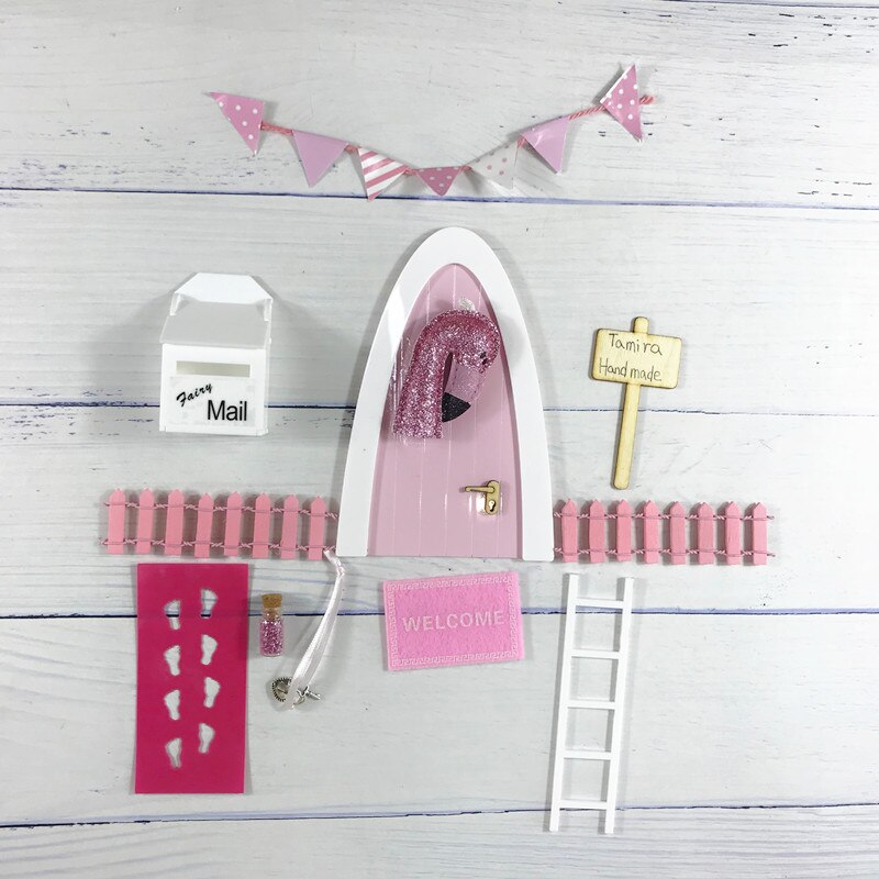 Hand Made pink Arch Fairy door great for girls miniature magic fairies tooth fairy door Set Dust Welcome Mat Feet Printer: rosey flamingo set