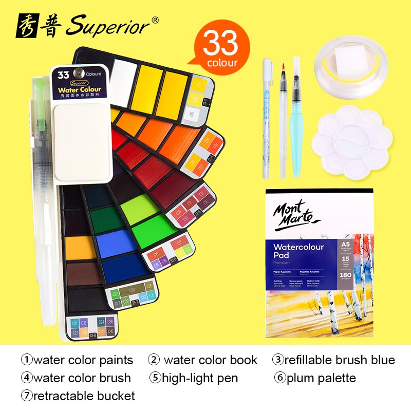 Superior 42Colors Big Set Solid Watercolor Paint With Water Brush Pen Foldable Travel Water Color Pigment For Beginner Student: 33color with 6gifts
